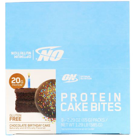 Optimum Nutrition, Protein Cake Bites, Chocolate Birthday Cake, 9 Bars, 2.29 oz (65 g) Each:البر,تين كيك بايتس, البر,تين لل,جبات الخفيفة