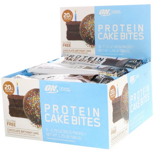 Optimum Nutrition, Protein Cake Bites, Chocolate Birthday Cake, 9 Bars, 2.29 oz (65 g) Each فوائد