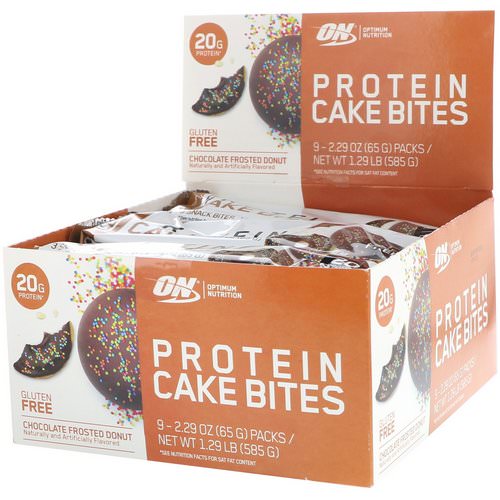 Optimum Nutrition, Protein Cake Bites, Chocolate Frosted Donut, 9 Bars, 2.29 oz (65 g) Each فوائد