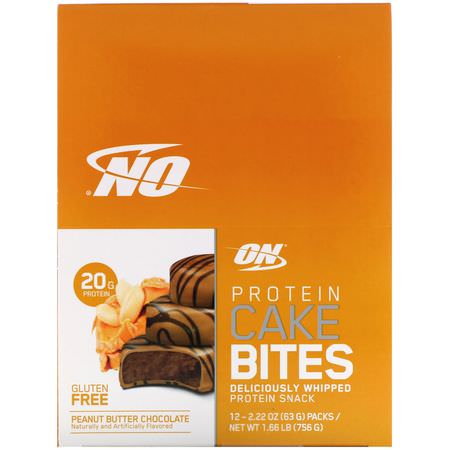 Optimum Nutrition, Protein Cake Bites, Peanut Butter Chocolate, 12 Bars, 2.22 oz (63 g) Each:بر,تين كيك بايتس, بر,تين سناكز