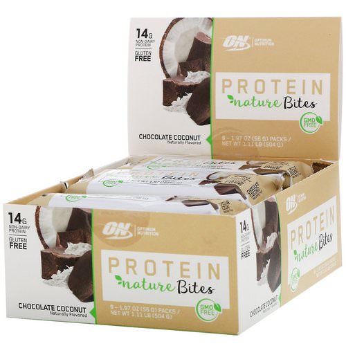 Optimum Nutrition, Protein Nature Bites, Chocolate Coconut, 9 Packs, 1.97 oz (56 g) Each فوائد