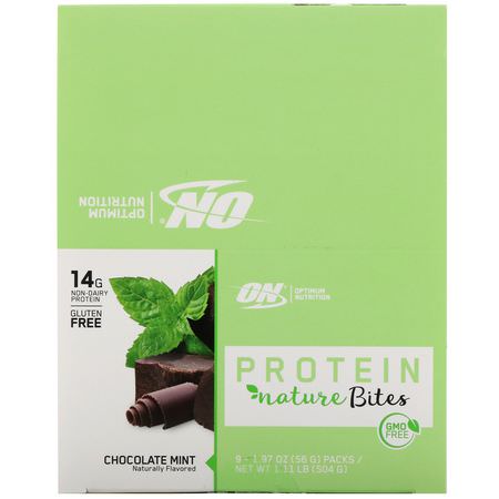 Optimum Nutrition, Protein Nature Bites, Chocolate Mint, 9 Packs, 1.97 oz (56 g) Each:ملفات تعريف ارتباط البر,تين,جبات البر,تين الخفيفة