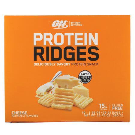 Optimum Nutrition, Protein Ridges, Cheese, 10 Bags, 1.38 oz (39 g) Each:,جبات خفيفة,جبات خفيفة من البر,تين