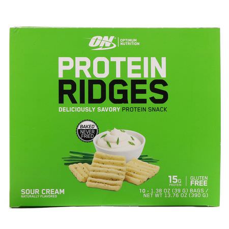 Optimum Nutrition, Protein Ridges, Sour Cream, 10 Bags, 1.38 oz (39 g) Each:,جبات خفيفة,جبات خفيفة من البر,تين