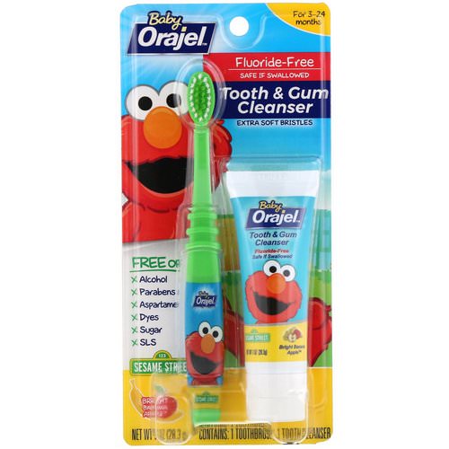 Orajel, Elmo Tooth & Gum Cleanser, Fluoride-Free, 3-24 Months, Bright Banana Apple, 1 oz (28.3 g) فوائد