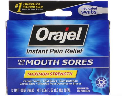 Orajel, Instant Pain Relief for All Mouth Sores, Maximum Strength, 12 Swabs, 0.06 fl oz (1.8 ml) فوائد