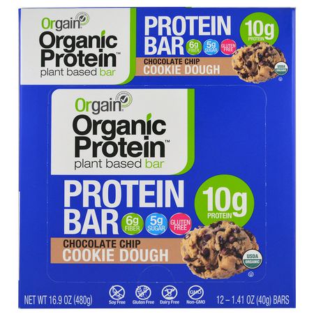 Orgain, Organic Plant-Based Protein Bar, Chocolate Chip Cookie Dough, 12 Bars, 1.41 oz (40 g) Each:أشرطة البر,تين النباتي, أشرطة البر,تين