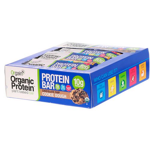 Orgain, Organic Plant-Based Protein Bar, Chocolate Chip Cookie Dough, 12 Bars, 1.41 oz (40 g) Each فوائد