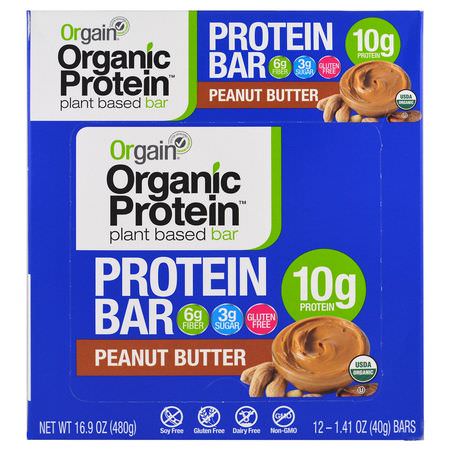 Orgain, Organic Plant-Based Protein Bar, Peanut Butter, 12 Bars, 1.41 oz (40 g) Each:أشرطة البر,تين النباتي, أشرطة البر,تين