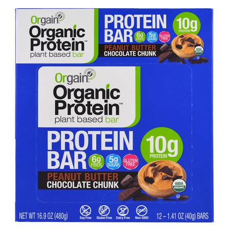Orgain, Organic Plant-Based Protein Bar, Peanut Butter Chocolate Chunk, 12 Bars, 1.41 oz (40 g) Each:أشرطة البر,تين النباتي, أشرطة البر,تين