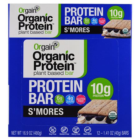 Orgain, Organic Plant-Based Protein Bar, S'mores, 12 Bars, 1.41 oz (40 g) Each:أشرطة البر,تين النباتي, أشرطة البر,تين