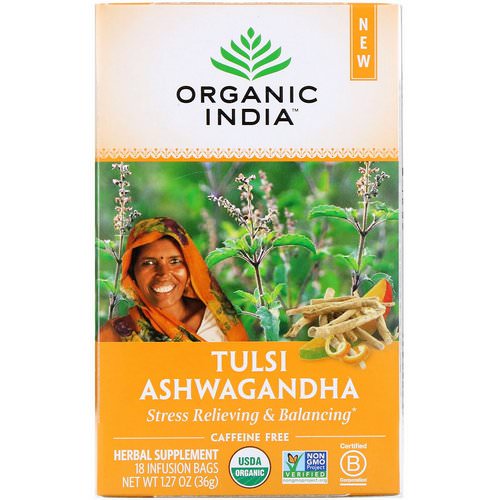 Organic India, Tulsi Tea, Ashwagandha, Caffeine-Free, 18 Infusion Bags, 1.27 oz (36 g) فوائد