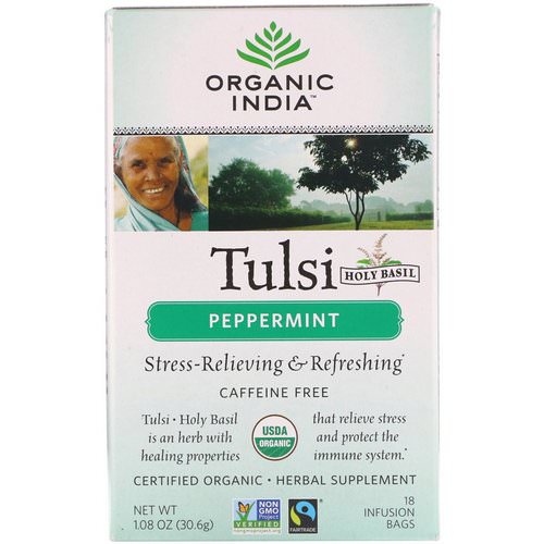 Organic India, Tulsi Tea, Peppermint, Caffeine-Free, 18 Infusion Bags, 1.08 oz (30.6 g) فوائد