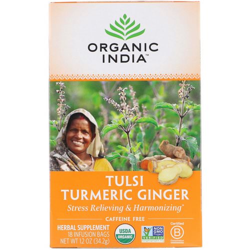Organic India, Tulsi Tea, Turmeric Ginger, Caffeine-Free, 18 Infusion Bags, 1.2 oz (34.2 g) فوائد