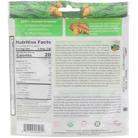 Organic Traditions, Probiotic Super Greens with Turmeric, 3.5 oz (100 g):الخضر, س,برف,دز