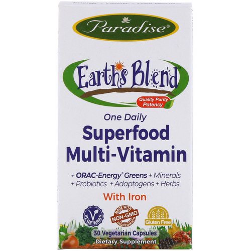 Paradise Herbs, Earth's Blend, One Daily Superfood Multivitamin, With Iron, 30 Vegetarian Capsules فوائد