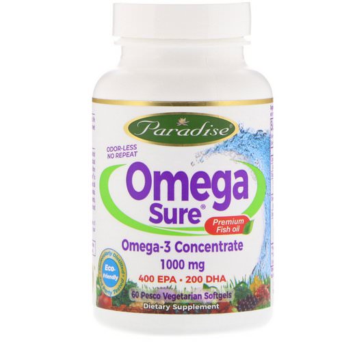 Paradise Herbs, Omega Sure, Omega-3 Concentrate, 1,000 mg, 60 Pesco Vegetarian Softgels فوائد