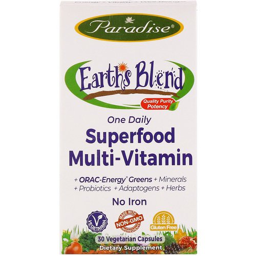 Paradise Herbs, Earth's Blend, One Daily Superfood Multivitamin, No Iron, 30 Vegetarian Capsules فوائد