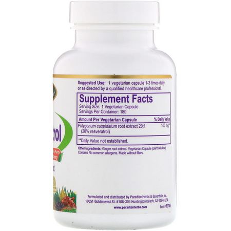 Paradise Herbs, Resveratrol, 180 Vegetarian Capsules:ريسفيراتر,ل, مضادات الأكسدة