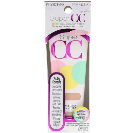 Physicians Formula, Super CC, Color-Correction + Care Cream, SPF 30, Light, 1.2 fl oz (35 ml):BB - CC Creams, وجه