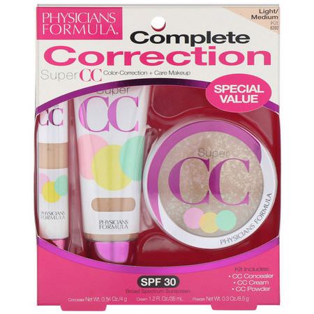 Physicians Formula, Complete Correction, Super CC Color-Correction + Care Makeup, SPF 30, Light-Medium Kit, 3 Piece Kit:مجم,عات الهدايا, BB - CC Creams