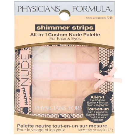 Physicians Formula, Shimmer Strips, All-In-1 Custom Nude Palette, For Face & Eyes, Natural Nude, 0.26 oz (7.5 g):Highlighter, Cheeks