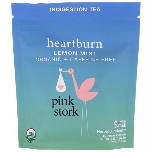 Pink Stork, Heartburn, Indigestion Tea, Lemon Mint, Caffeine Free, 15 Pyramid Sachets, 1.32 oz (37.5 g) فوائد