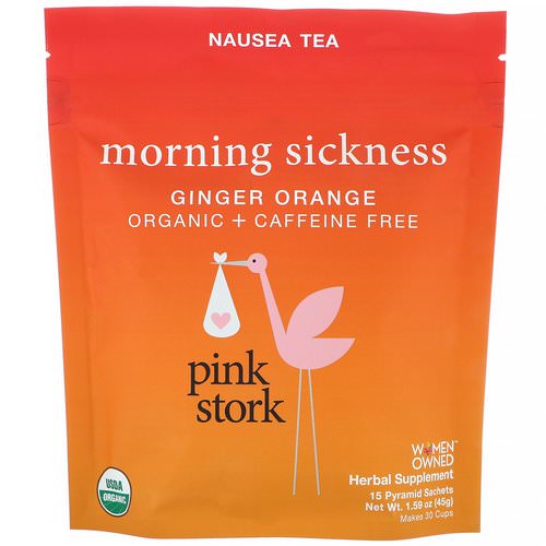 Pink Stork, Morning Sickness, Nausea Tea, Ginger Orange, Caffeine Free, 15 Pyramid Sachets, 1.59 oz (45 g) فوائد