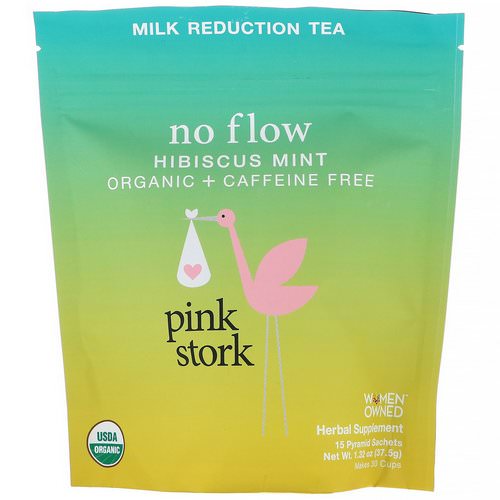 Pink Stork, No Flow, Milk Reduction Tea, Hibiscus Mint, Caffeine Free, 15 Pyramid Sachets, 1.32 oz (37.5 g) فوائد