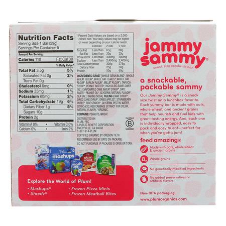 Plum Organics, Jammy Sammy, Peanut Butter & Strawberry, 5 Bars, 1.02 oz (29 g) Each:وجبات خفيفة, Bars