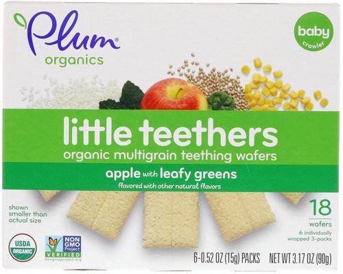 Plum Organics, Little Teethers, Organic Multigrain Teething Wafers, Apple with Leafy Greens, 6 Packs, 0.52 oz (15 g) Each فوائد
