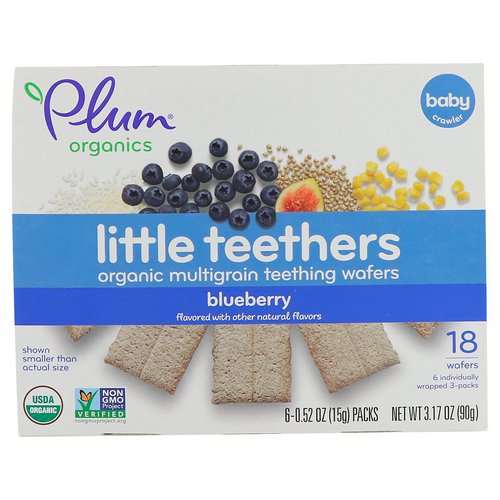 Plum Organics, Little Teethers, Organic Multigrain Teething Wafers, Blueberry, 6 Packs, 0.52 oz (15 g) Each فوائد