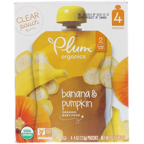 Plum Organics, Organic Baby Food, Stage 2, Banana & Pumpkin, 4 Pouches, 4 oz (113 g) Each فوائد