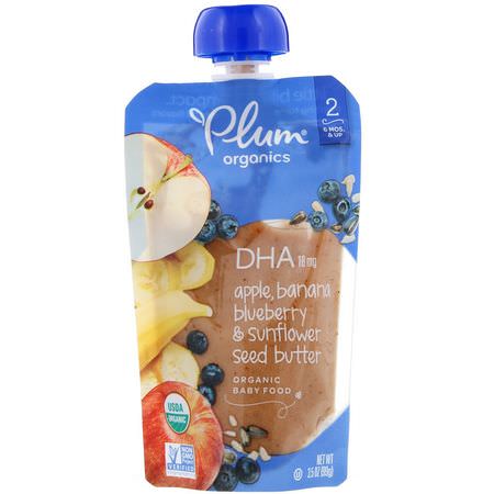 Plum Organics, Organic Baby Food, Stage 2, DHA, Apple, Banana, Blueberry & Sunflower Seed Butter, 6 Pack, 3.5 oz (99 g) Each:,جبات, هريس