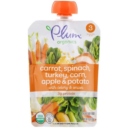 Plum Organics, Organic Baby Food, Stage 3, Carrot, Spinach, Turkey, Corn, Apple & Potato with Celery & Onion, 4 oz (113 g) فوائد