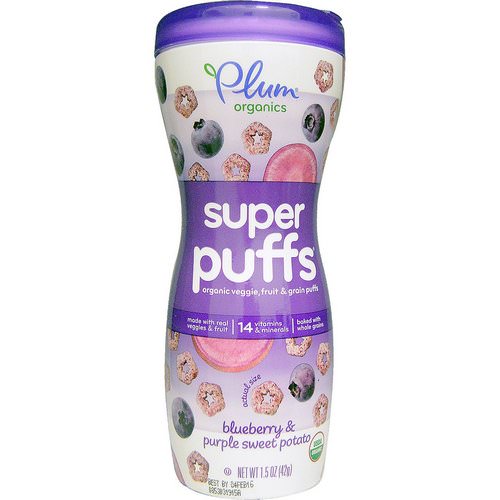 Plum Organics, Super Puffs, Organic Veggie, Fruit & Grain Puffs, Blueberry & Purple Sweet Potato, 1.5 oz (42 g) فوائد