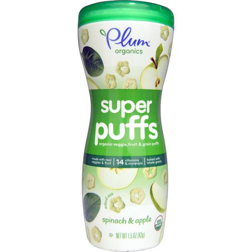 Plum Organics, Super Puffs, Organic Veggie, Fruit & Grain Puffs, Spinach & Apple, 1.5 oz (42 g) فوائد
