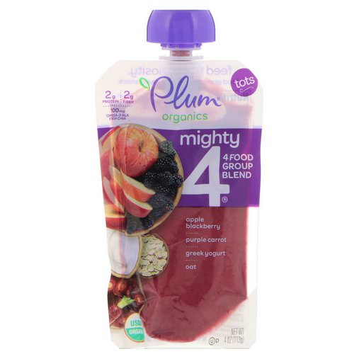 Plum Organics, Tots, Mighty 4, 4 Food Group Blend, Apple, Blackberry, Purple Carrot, Greek Yogurt, Oat, 4 oz (113 g) فوائد