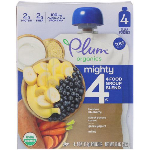 Plum Organics, Tots, Mighty 4, 4 Food Group Blend, Banana Blueberry, Sweet Potato Carrot, Greek Yogurt, Millet, 4 Pack, 4 oz (113 g) Each فوائد