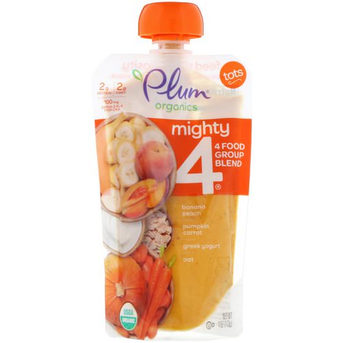 Plum Organics, Tots, Mighty 4, 4 Food Group Blend, Banana, Peach, Pumpkin, Carrot, Greek Yogurt, Oat, 4 oz (113 g) فوائد