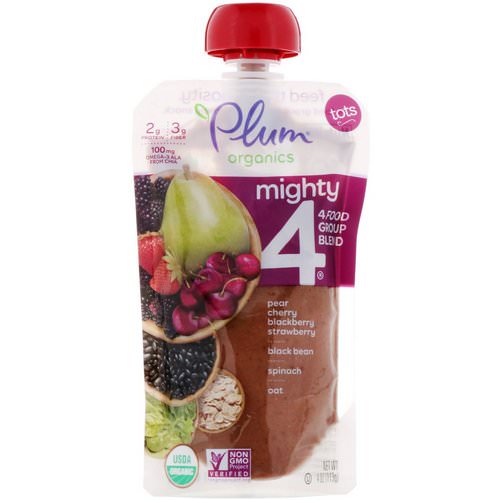 Plum Organics, Tots, Mighty 4, 4 Food Group Blend, Pear, Cherry, Blackberry, Strawberry, Black Bean, Spinach, Oat, 4 oz (113 g) فوائد