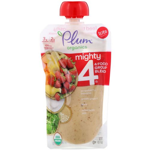 Plum Organics, Tots, Mighty 4, 4 Food Group Blend, Strawberry, Banana, Greek Yogurt, Kale, Amaranth, Oat, 4 oz (113 g) فوائد