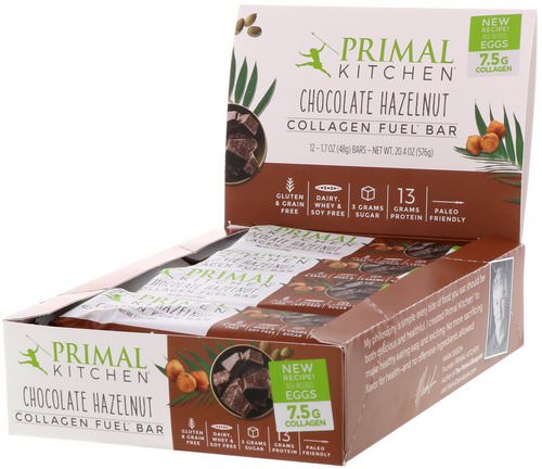 Primal Kitchen, Collagen Fuel Bar, Chocolate Hazelnut, 12 Bars, 1.7 oz (48 g) Each فوائد