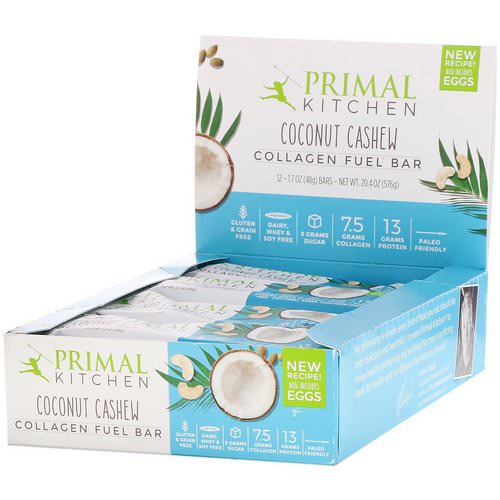 Primal Kitchen, Collagen Fuel Bar, Coconut Cashew, 12 Bars, 1.7 oz (48 g) Each فوائد