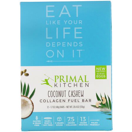 Primal Kitchen, Collagen Fuel Bar, Coconut Cashew, 12 Bars, 1.7 oz (48 g) Each:أشرطة البر,تين النباتي, أشرطة البر,تين