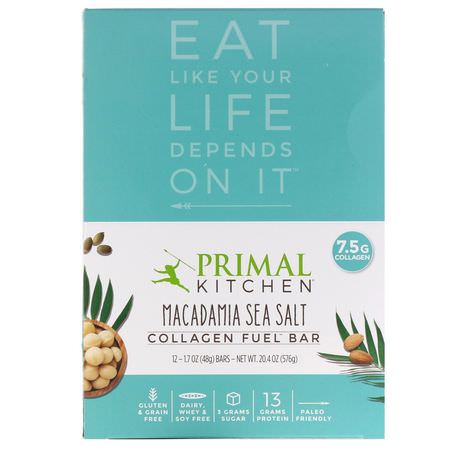 Primal Kitchen, Grass-Fed Collagen Bar, Macadamia Sea Salt, 12 Bars, 20.7 oz (588 g):أشرطة البر,تين النباتي, أشرطة البر,تين