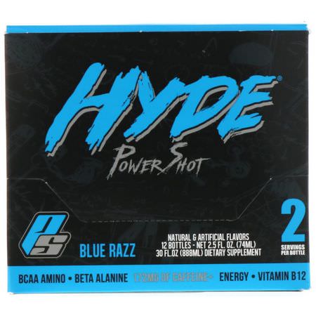 ProSupps, Hyde Power Shot, Blue Razz, 172 mg, 12 Bottles, 2.5 fl oz (74 ml) Each:BCAA,الأحماض الأمينية