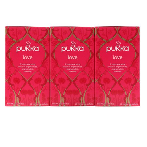 Pukka Herbs, Love, Organic Rose, Chamomile & Lavender Tea, Caffeine Free, 3 Pack, 20 Herbal Tea Sachets Each فوائد