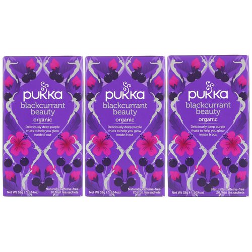 Pukka Herbs, Organic Blackcurrant Beauty, Caffeine-Free, 3 Pack, 20 Fruit Tea Sachets Each فوائد