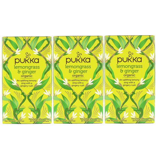 Pukka Herbs, Organic Lemongrass & Ginger, Caffeine-Free, 3 Pack, 20 Herbal Tea Sachets Each فوائد